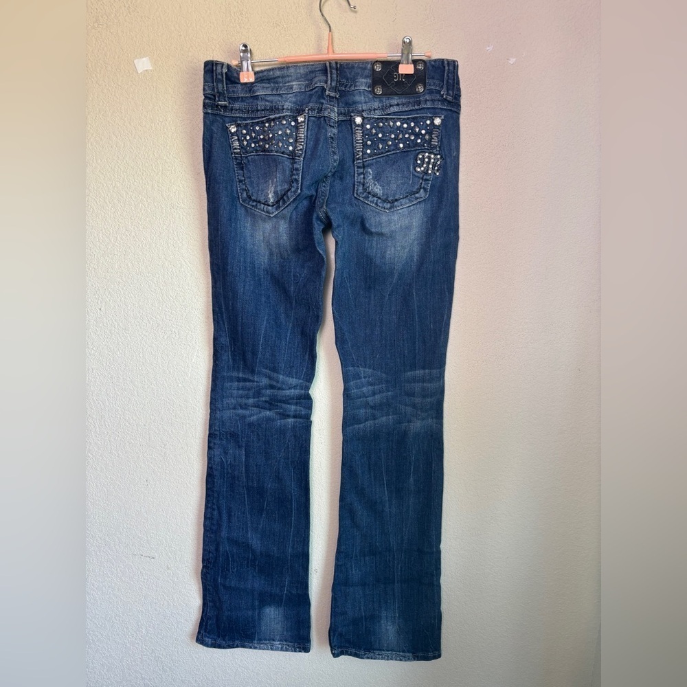 Miss Me Medium/Dark Wash Distressed Rhinestone Embellished Boot Cut Jeans 29